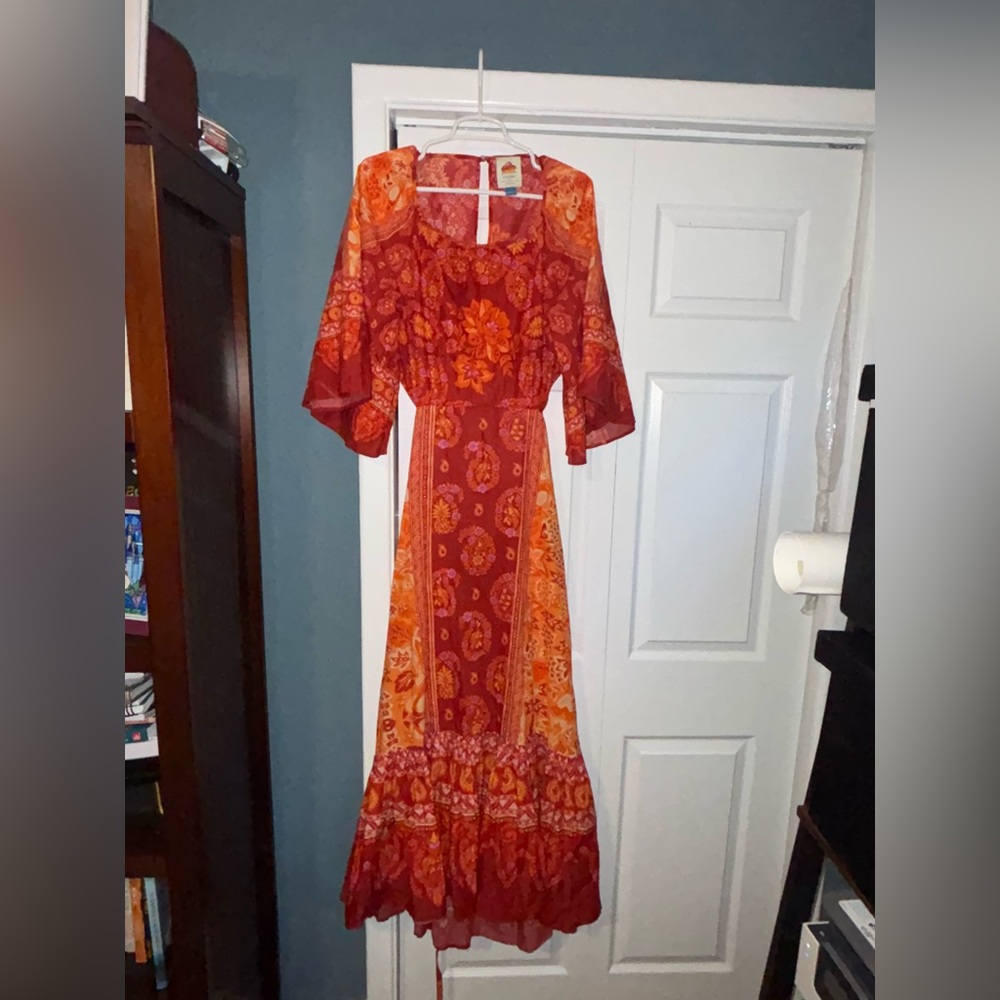 FARM Rio Orange and Red Ruffled Tiered Sundress